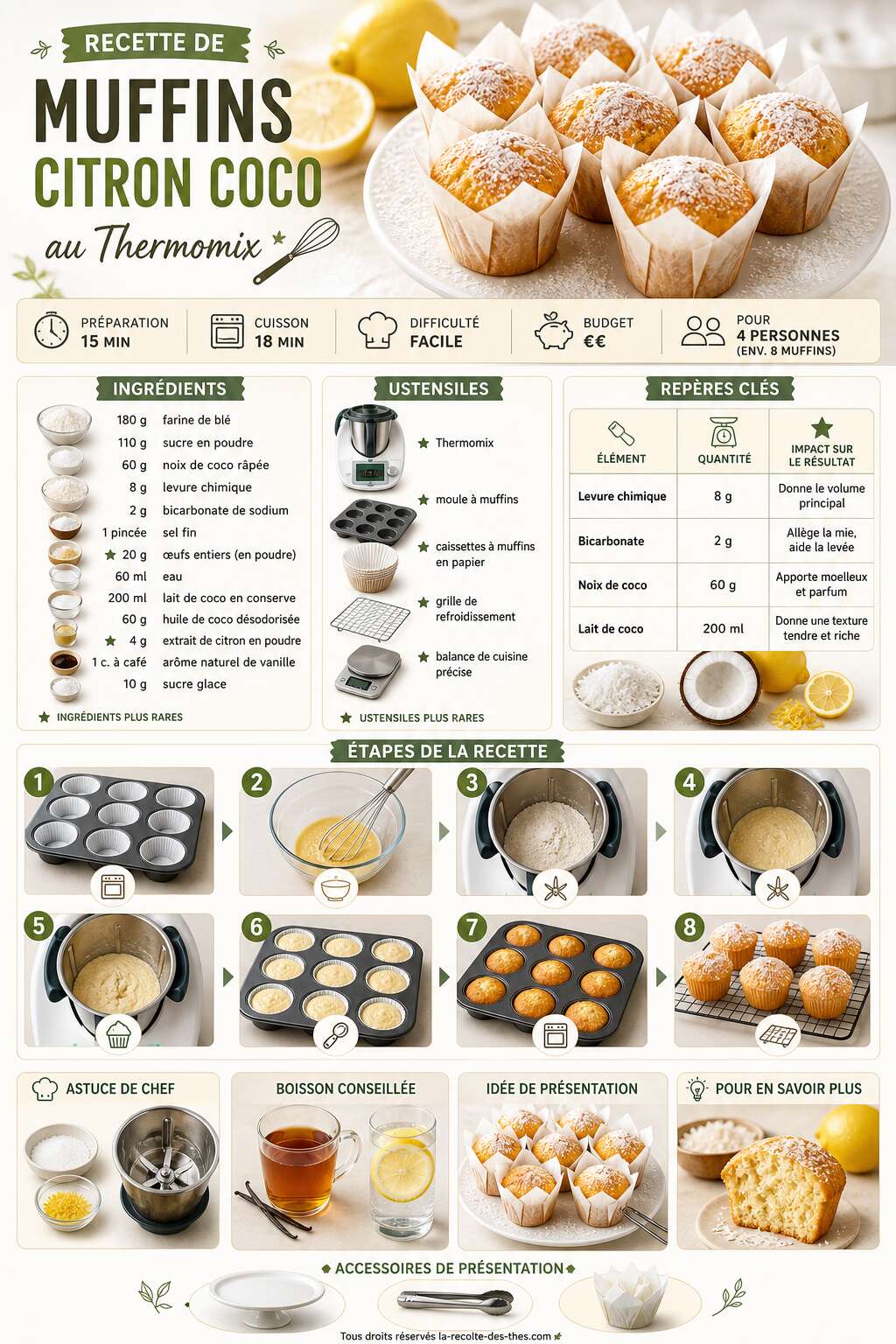 Fiche recette Recette de muffins citron coco au Thermomix