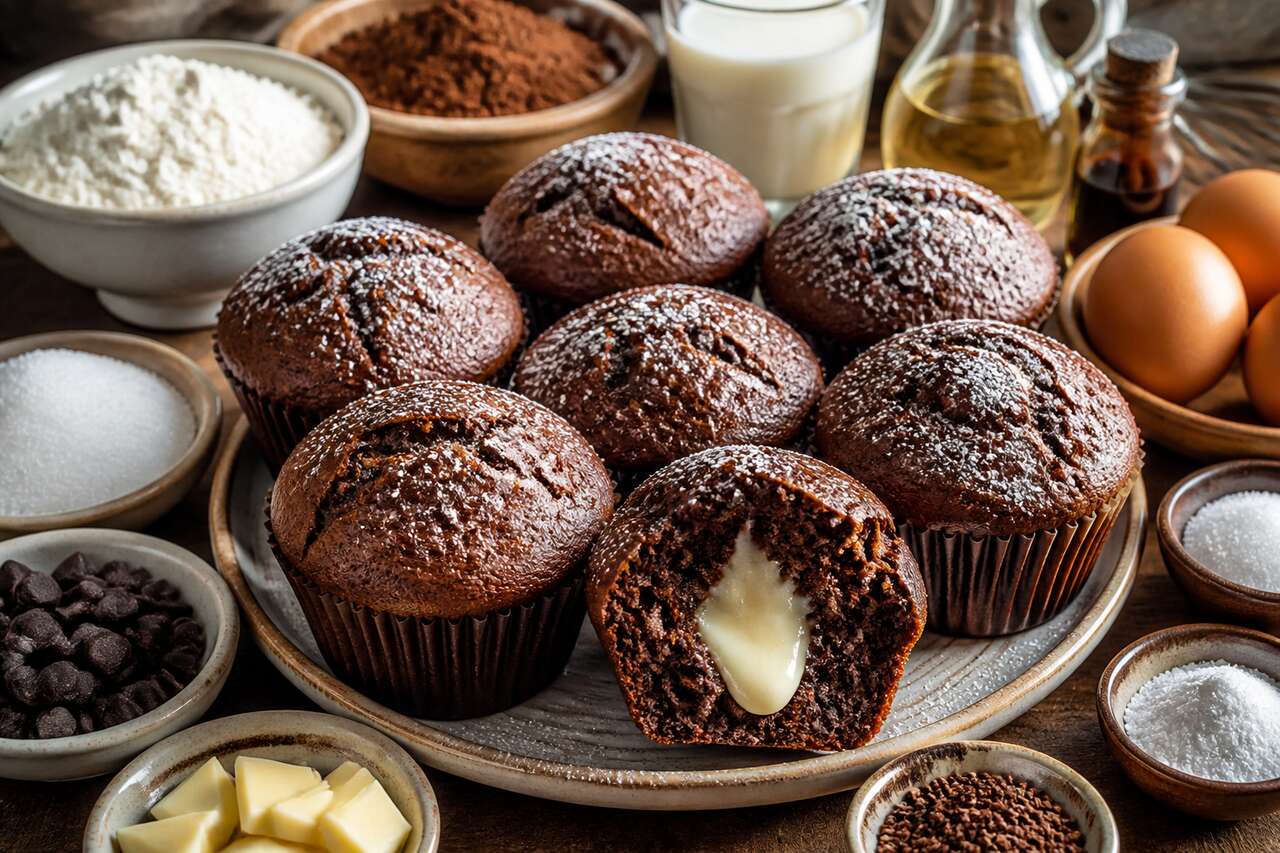 Recette de muffins au chocolat avec un cœur fondant au chocolat blanc
