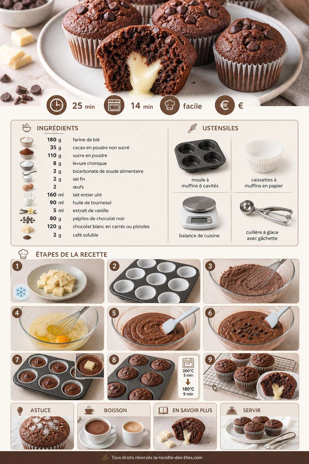 Fiche recette Recette de muffins au chocolat avec un c&oelig;ur fondant au chocolat blanc