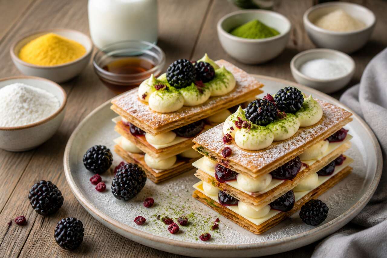 Recette du duo de mille-feuilles vanille, mûre et matcha