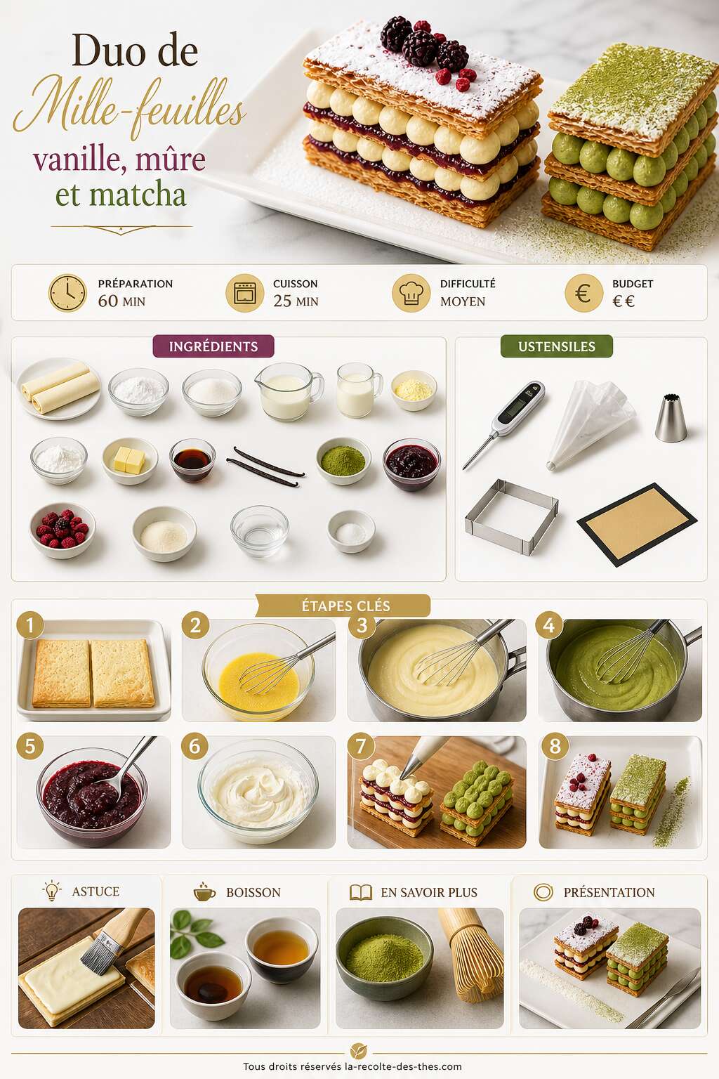 Fiche recette Recette du duo de mille-feuilles vanille, mûre et matcha Fiche recette Recette du duo de mille-feuilles vanille, mûre et matcha