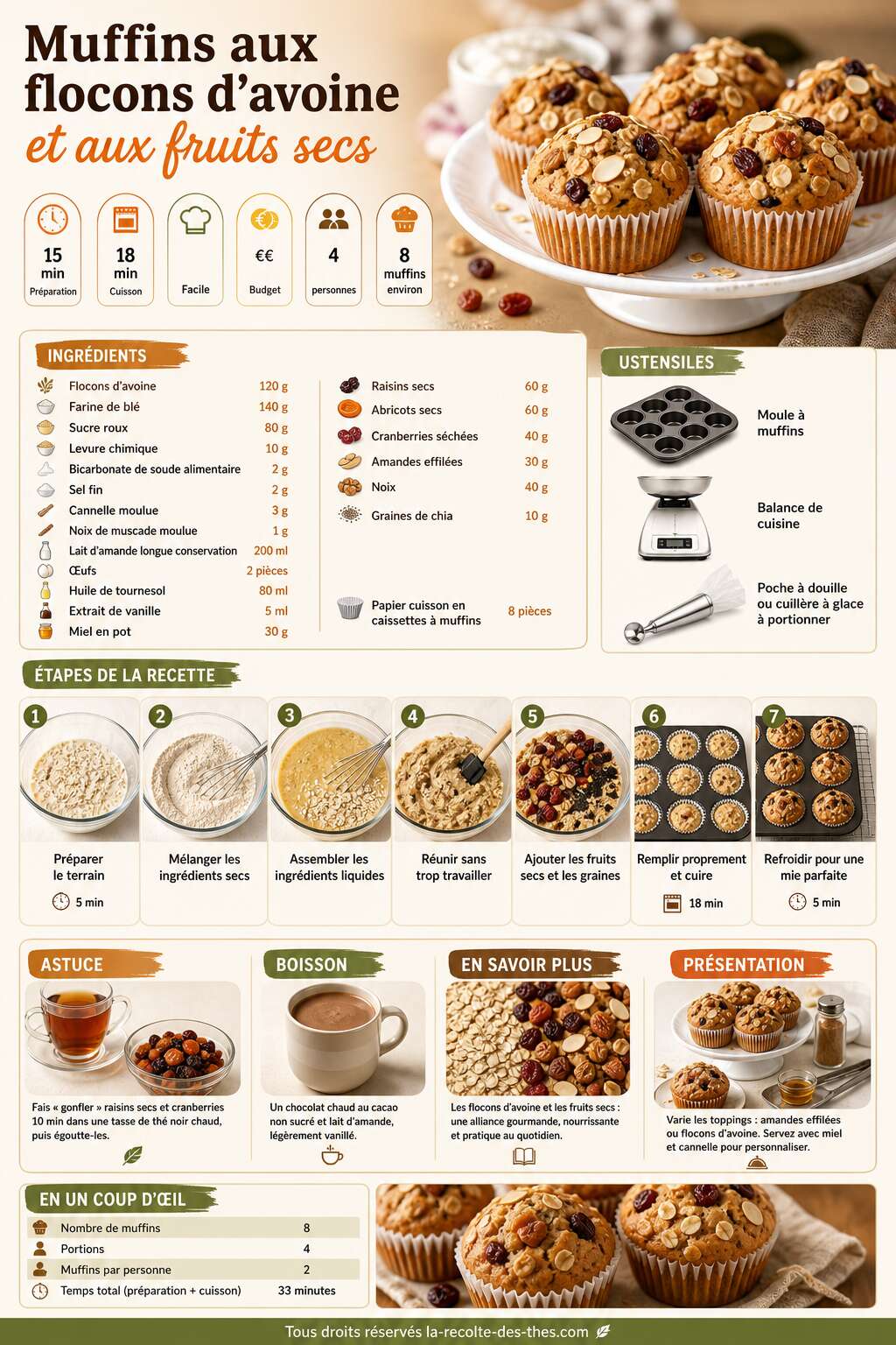 Fiche recette Recette de muffins aux flocons d'avoine et aux fruits secs Fiche recette Recette de muffins aux flocons d'avoine et aux fruits secs