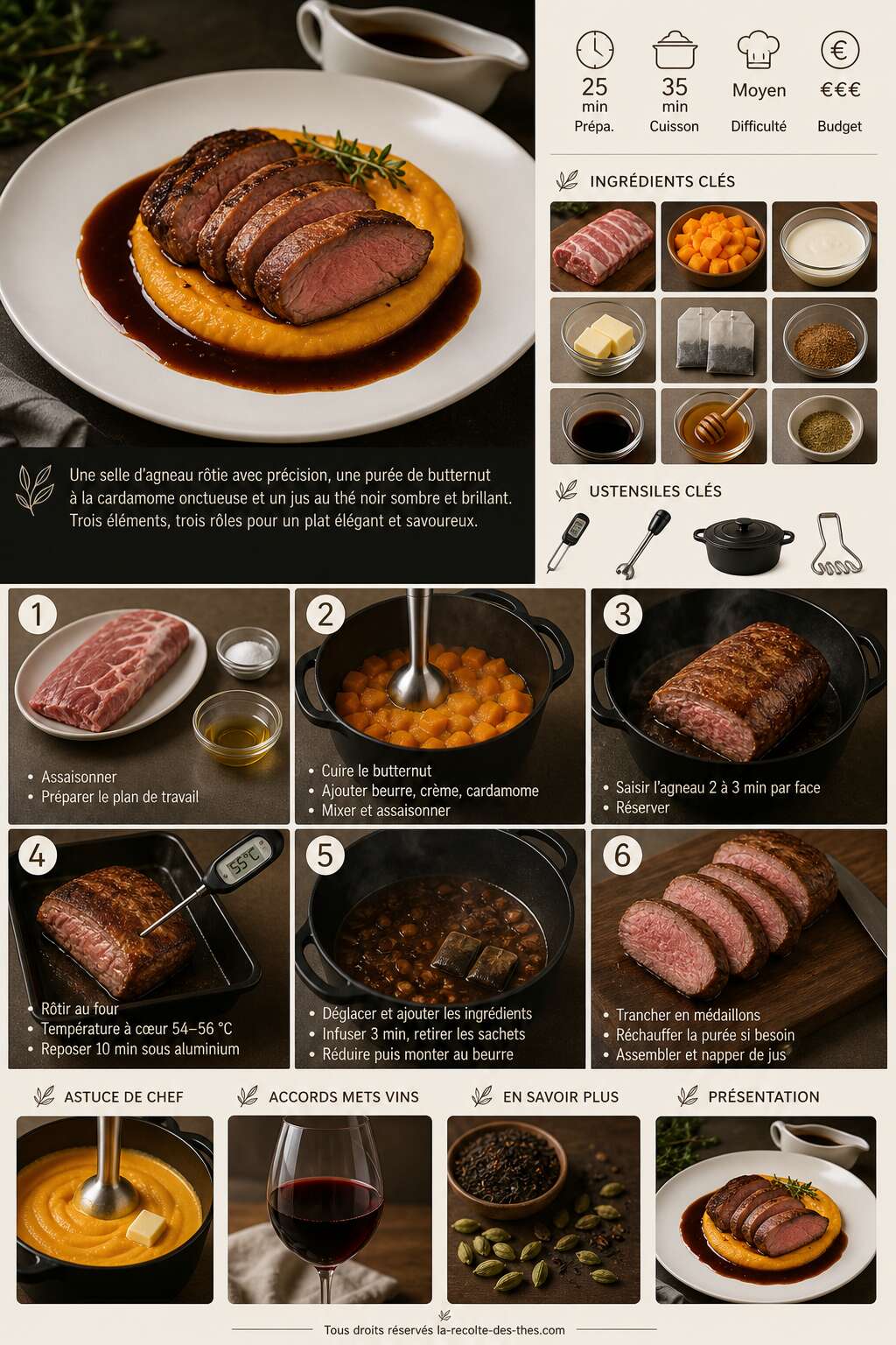 Fiche recette Recette de selle d'agneau, purée de butternut à la cardamome et jus au thé noir Fiche recette Recette de selle d'agneau, purée de butternut à la cardamome et jus au thé noir