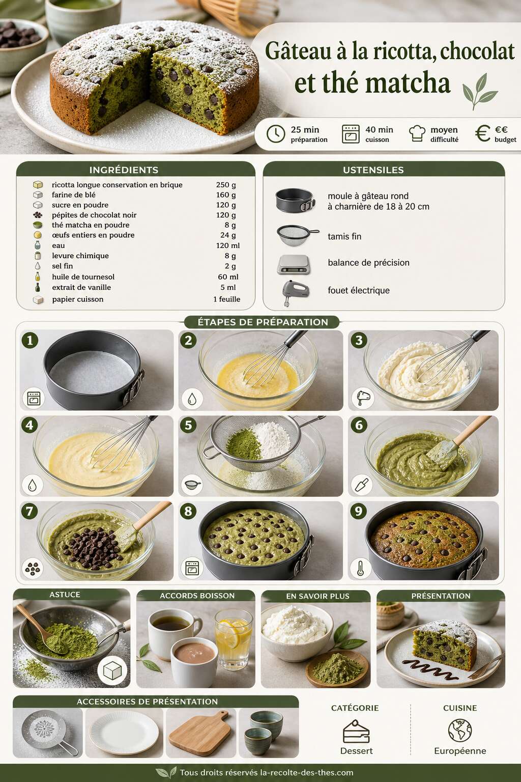 Fiche recette Recette de gâteau à la ricotta, chocolat et thé matcha Fiche recette Recette de gâteau à la ricotta, chocolat et thé matcha