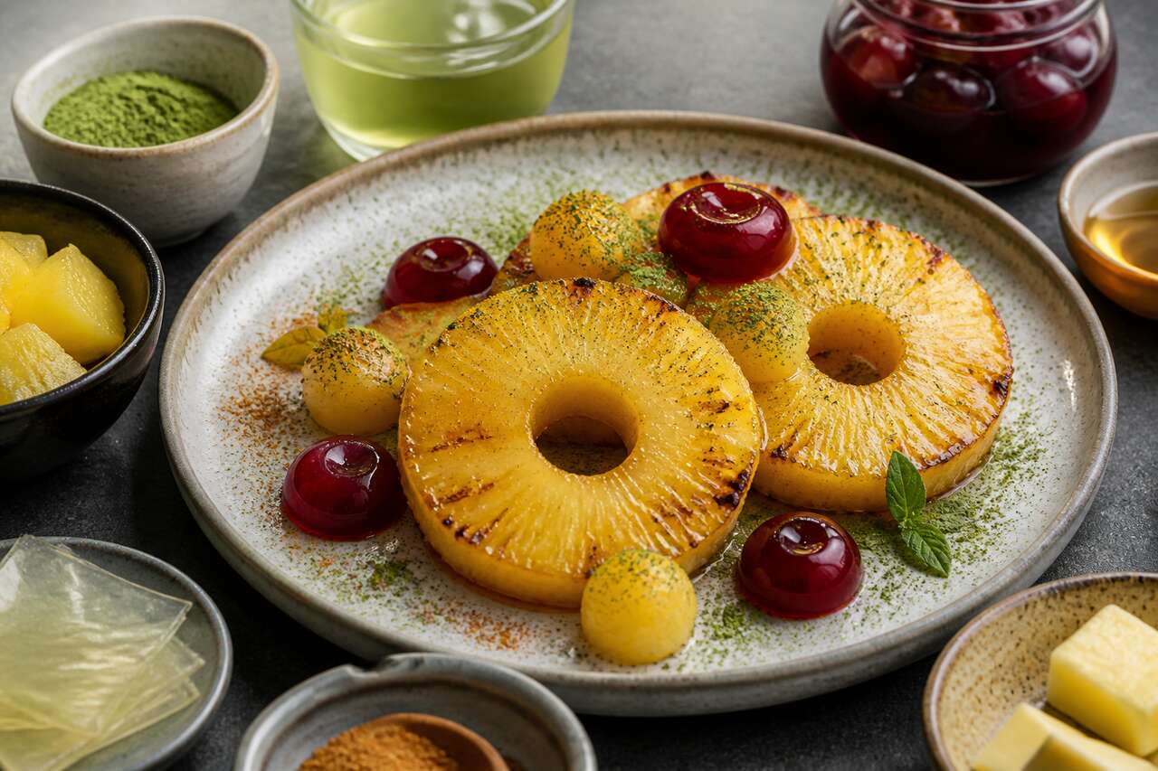 Recette d'ananas rôtis, billes d'ananas à la gelée de cerise et thé vert