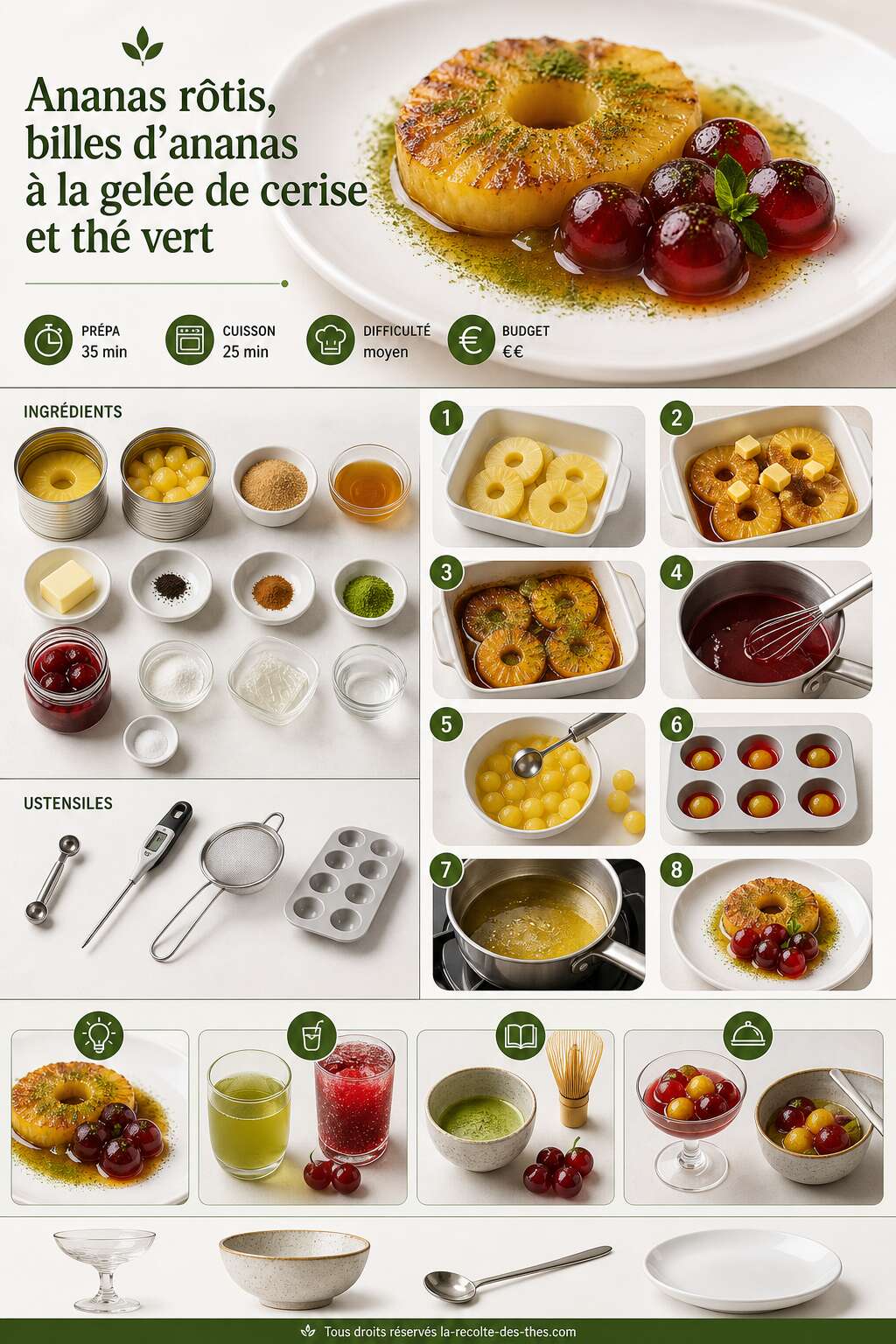 Fiche recette Recette d'ananas r&ocirc;tis, billes d'ananas &agrave; la gel&eacute;e de cerise et th&eacute; vert