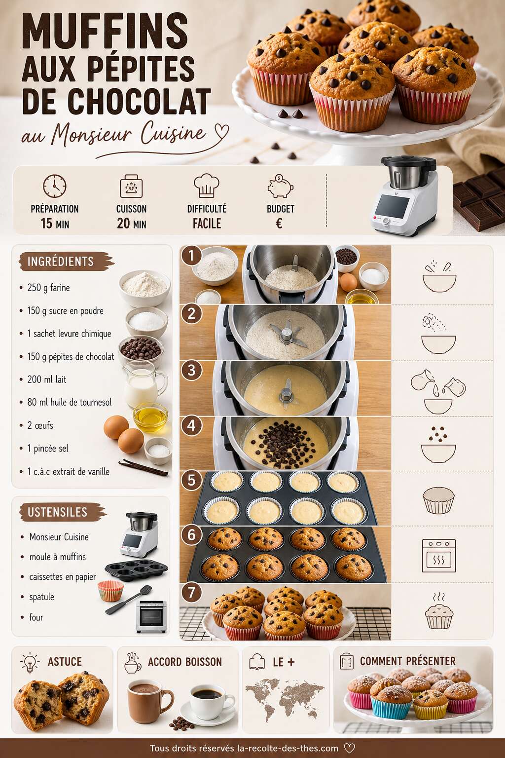 Fiche recette Recette facile de muffins aux pépites de chocolat au Monsieur Cuisine Fiche recette Recette facile de muffins aux pépites de chocolat au Monsieur Cuisine