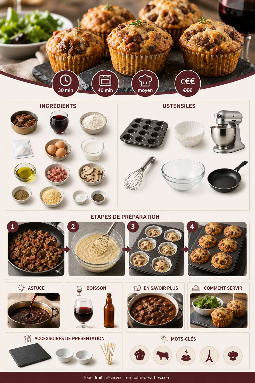 Fiche recette Recette de muffins salés au bœuf bourguignon Fiche recette Recette de muffins salés au bœuf bourguignon