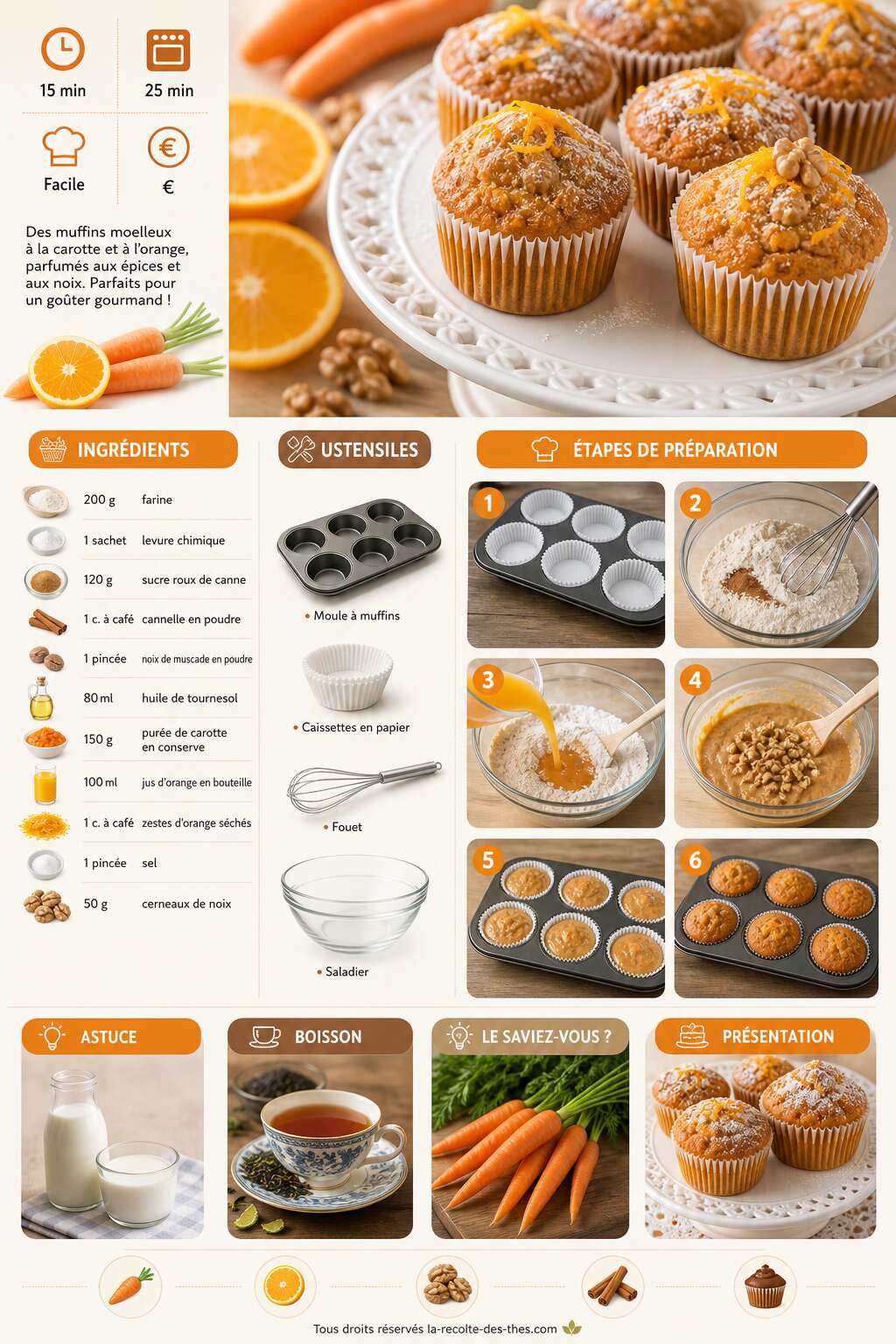 Fiche recette Recette facile de muffins &agrave; la carotte et &agrave; l'orange
