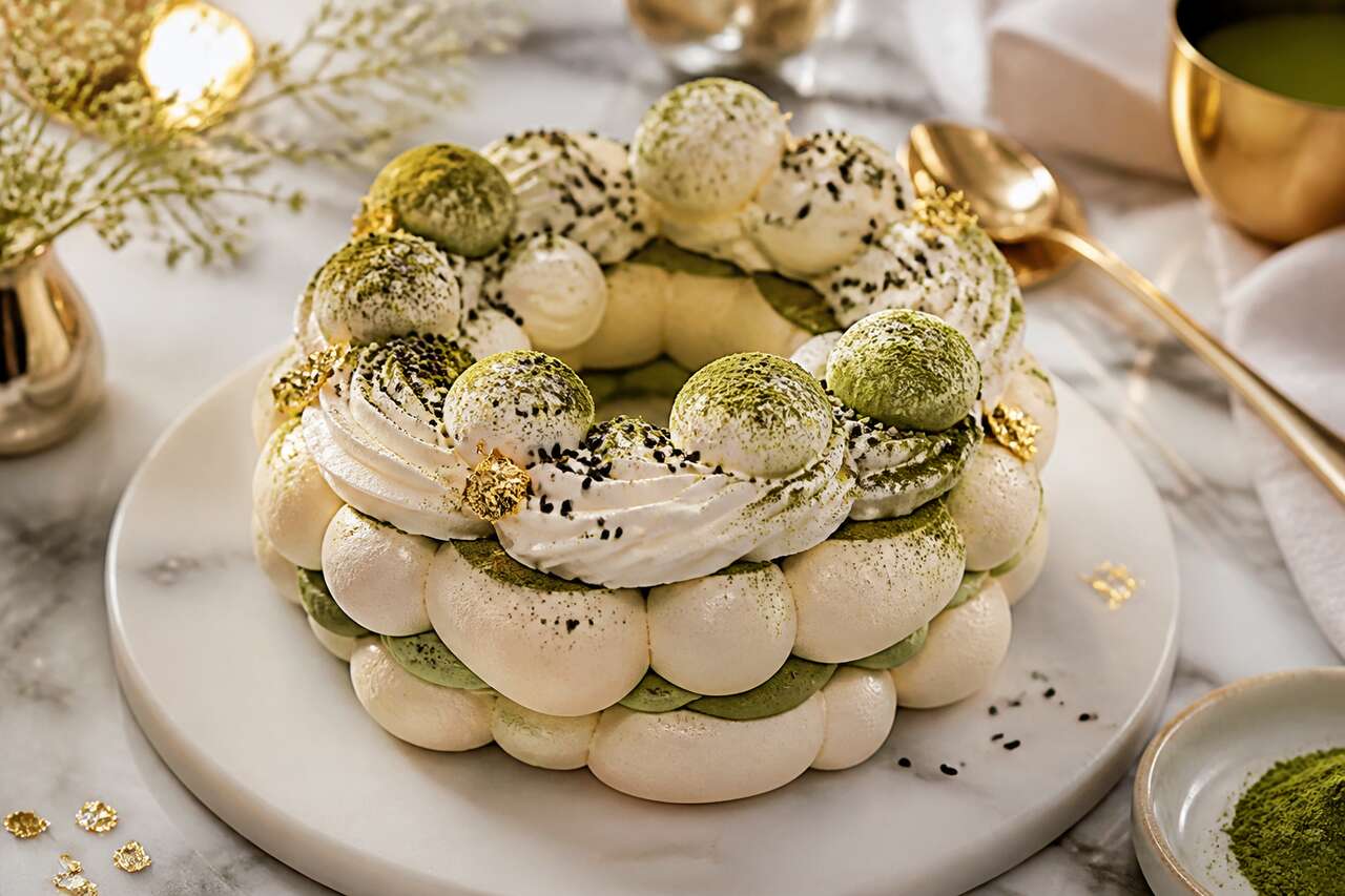 Recette du vacherin sésame noir et thé matcha du Meilleur Pâtissier saison 5