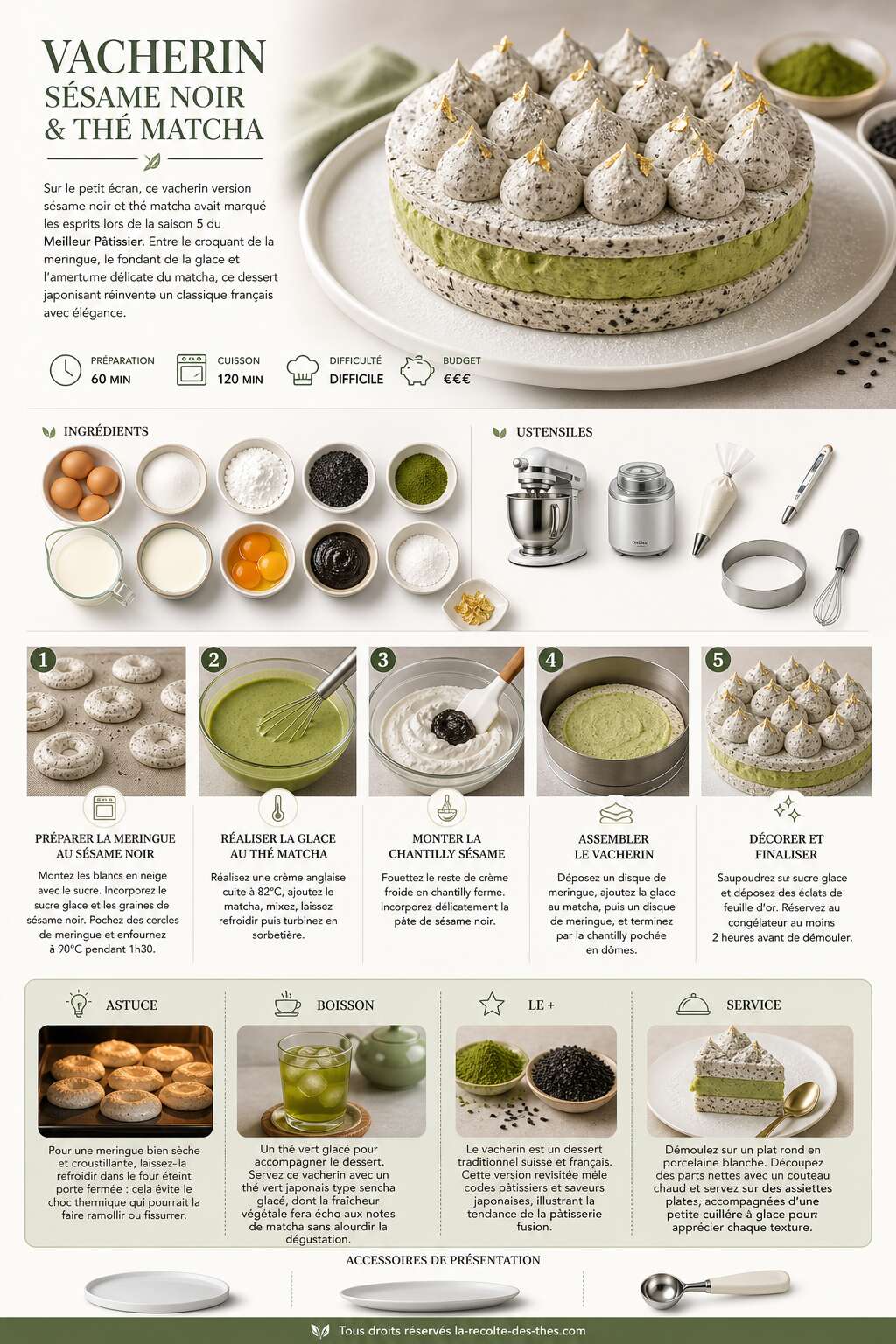 Fiche recette Recette du vacherin s&eacute;same noir et th&eacute; matcha du Meilleur P&acirc;tissier saison 5