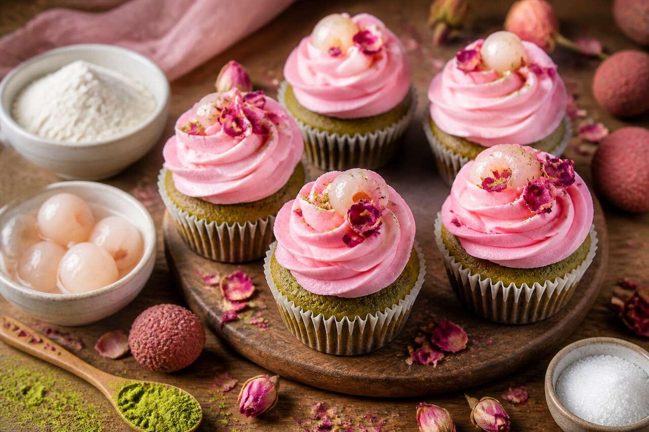 Recette de cupcakes au thé vert, litchi et rose