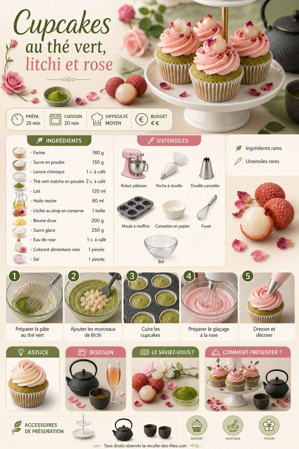 Fiche recette Recette de cupcakes au th&eacute; vert, litchi et rose