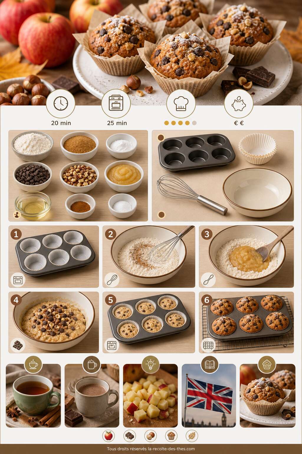 Fiche recette Recette de muffins aux pommes, chocolat et noisettes