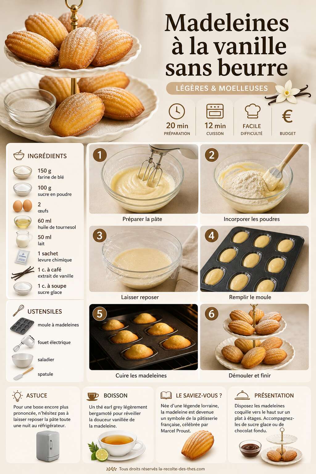 Fiche recette Recette de madeleines &agrave; la vanille sans beurre : l&eacute;g&egrave;res et moelleuses