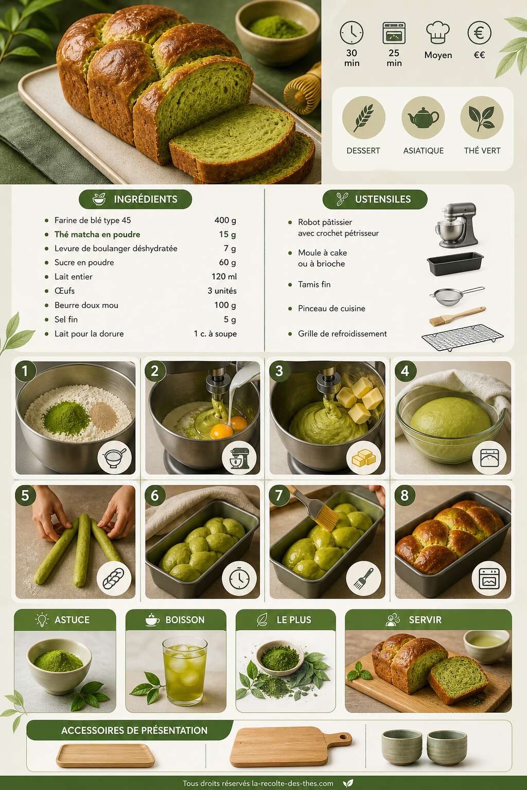 Fiche recette Recette de brioche au thé matcha moelleuse et parfumée Fiche recette Recette de brioche au thé matcha moelleuse et parfumée
