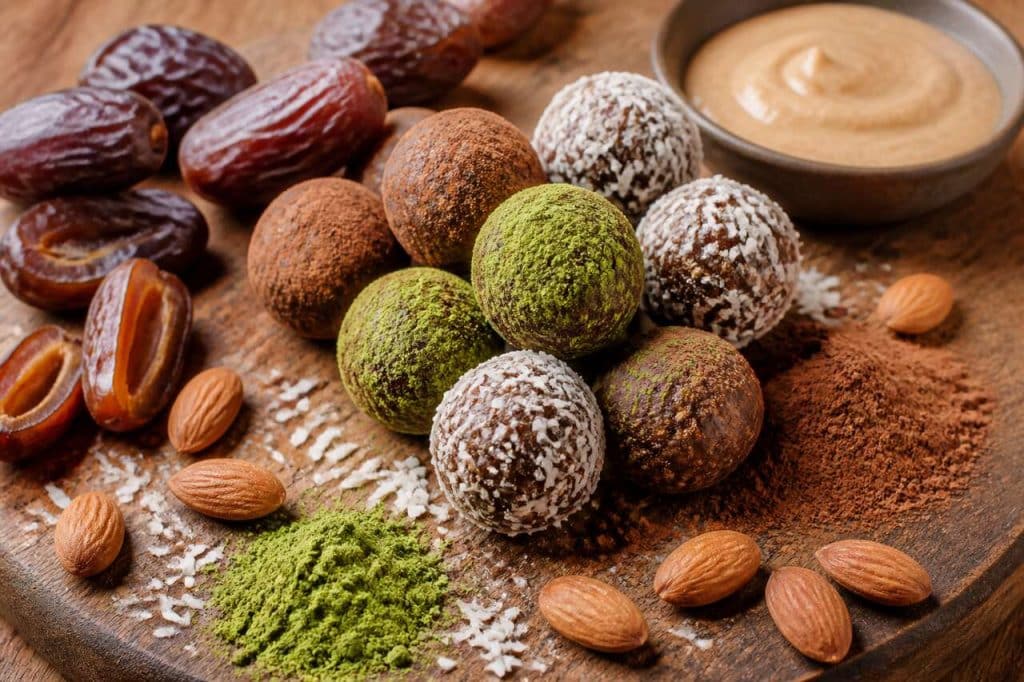 Recette d'energy balls aux dattes, amandes, cacao et matcha