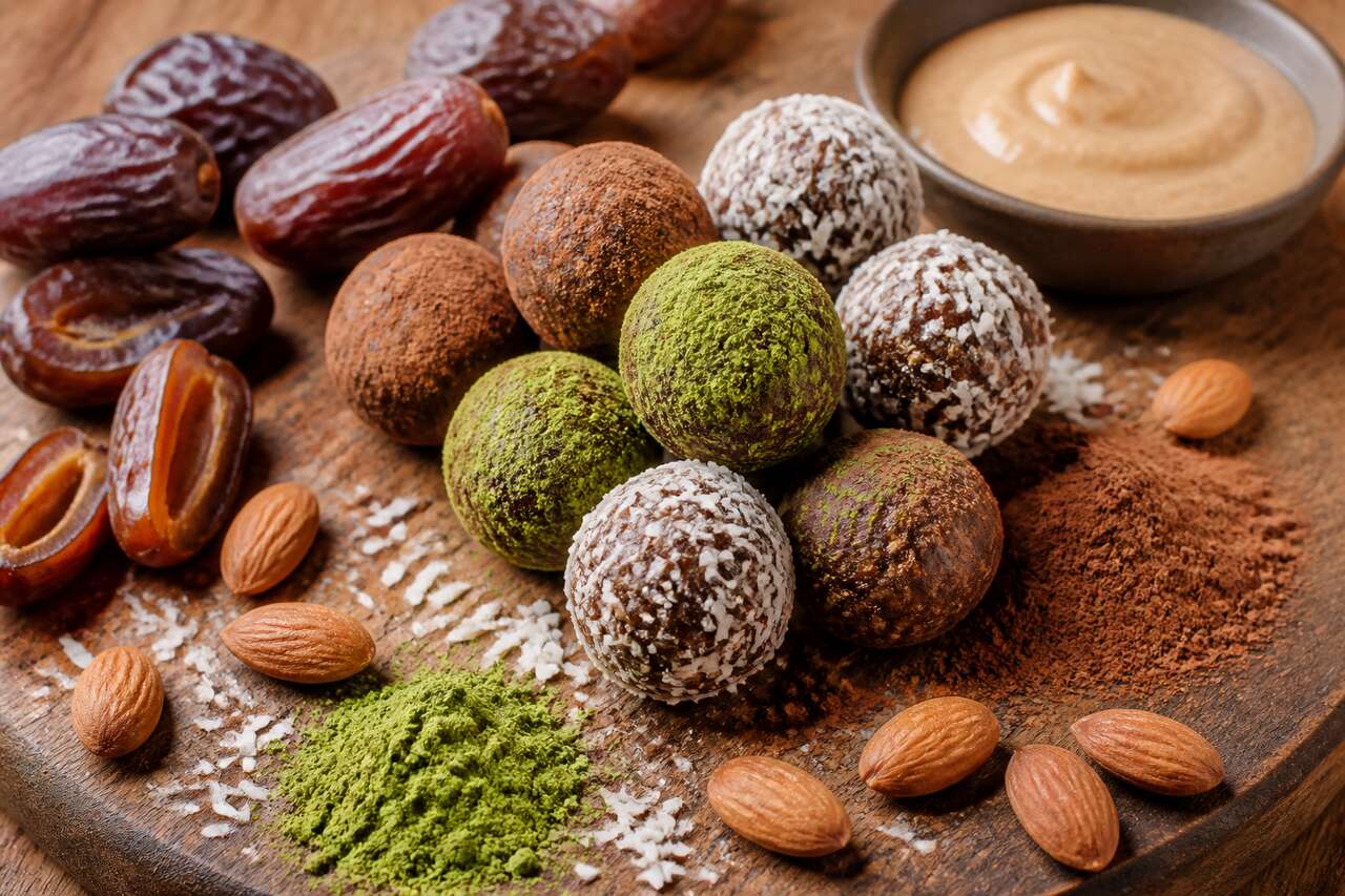 Recette d'energy balls aux dattes, amandes, cacao et matcha