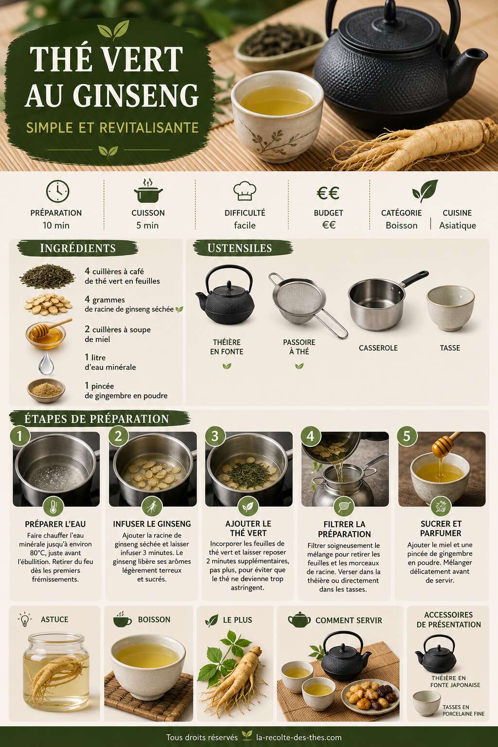 Fiche recette Recette de thé vert au ginseng : simple et revitalisante Fiche recette Recette de thé vert au ginseng : simple et revitalisante