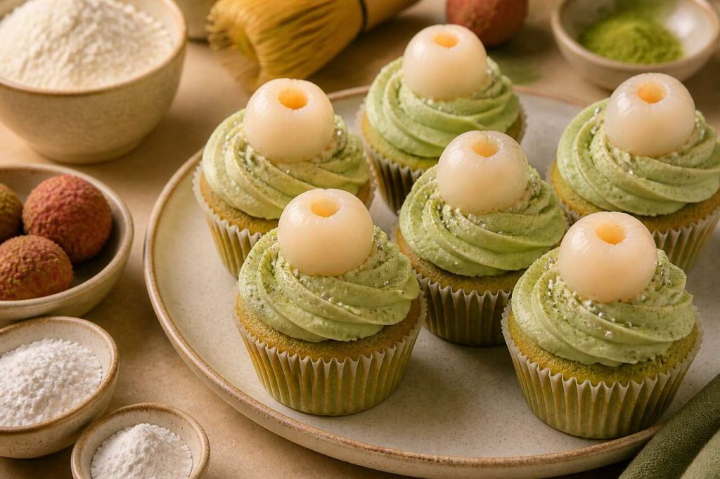 Recette de cupcakes sapin au litchi et thé vert