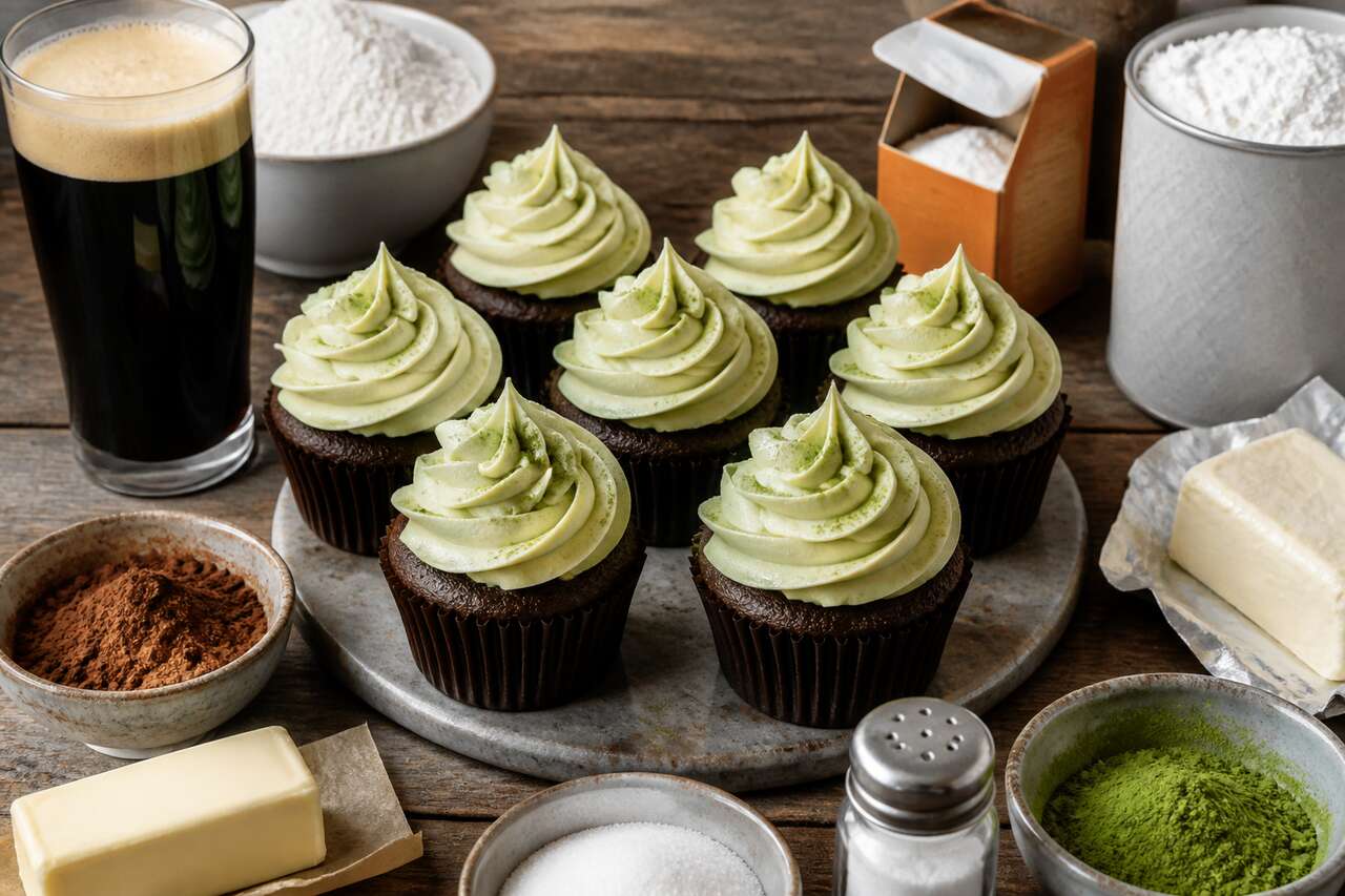 Recette de cupcakes chocolat Guinness avec glaçage au fromage frais et thé matcha