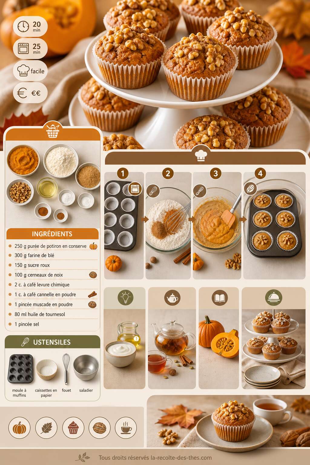 Fiche recette Recette de muffins sucrés au potiron et aux noix Fiche recette Recette de muffins sucrés au potiron et aux noix