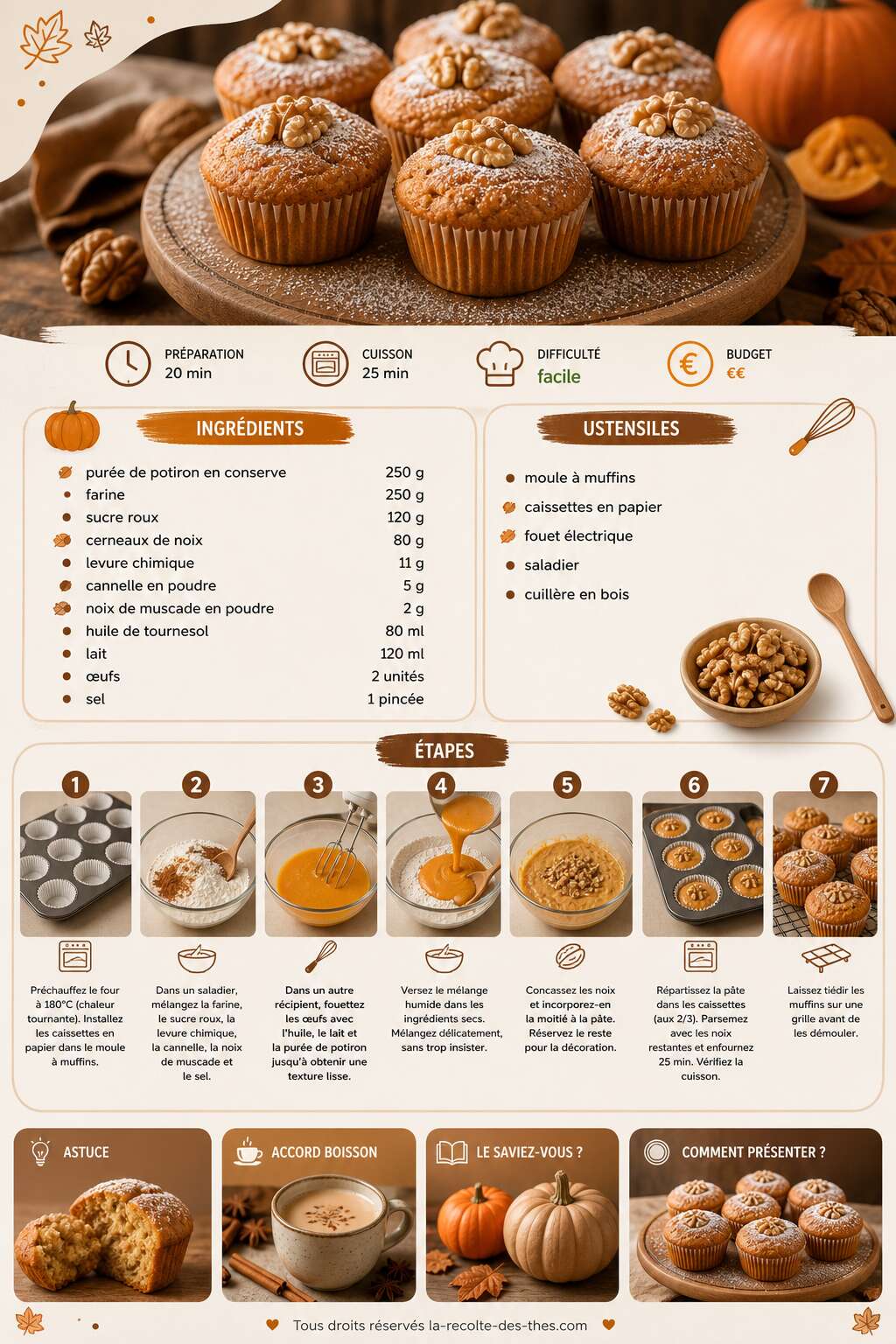 Fiche recette Recette de muffins au potiron et aux noix sucrés Fiche recette Recette de muffins au potiron et aux noix sucrés