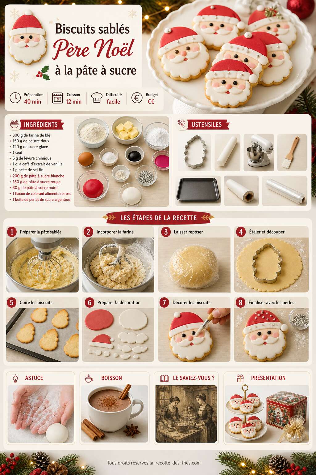 Fiche recette Recette de biscuits sablés Père Noël à la pâte à sucre Fiche recette Recette de biscuits sablés Père Noël à la pâte à sucre
