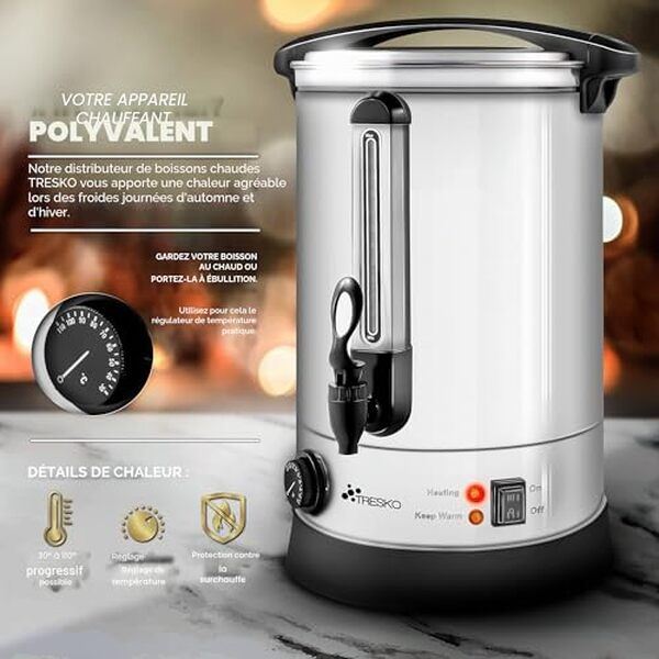 Découvrez notre test détaillé de la bouilloire à vin chaud TRESKO® 30 l 2500 W : performance, design et fonctionnalités pour vos événements.