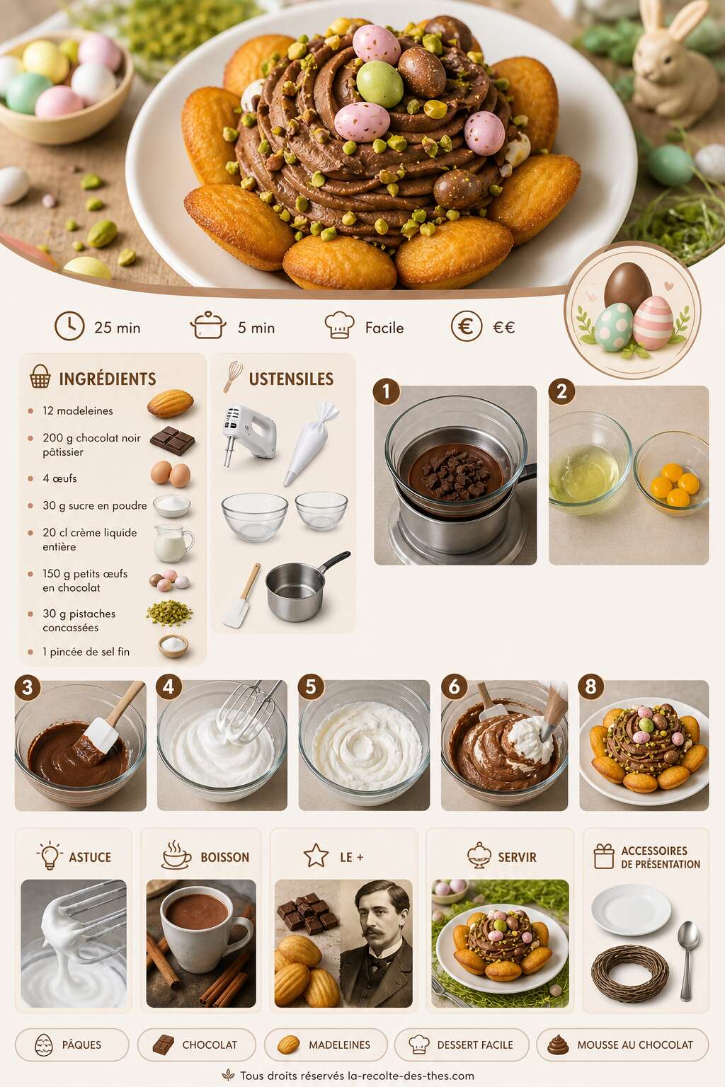 Fiche recette Recette du nid de P&acirc;ques aux madeleines et mousse au chocolat